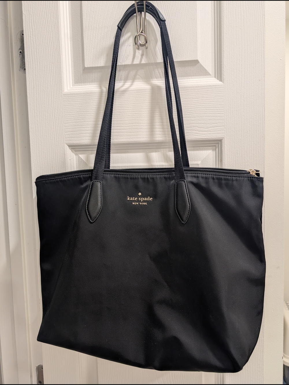 kate spade black nylon zip-top tote with gold logo